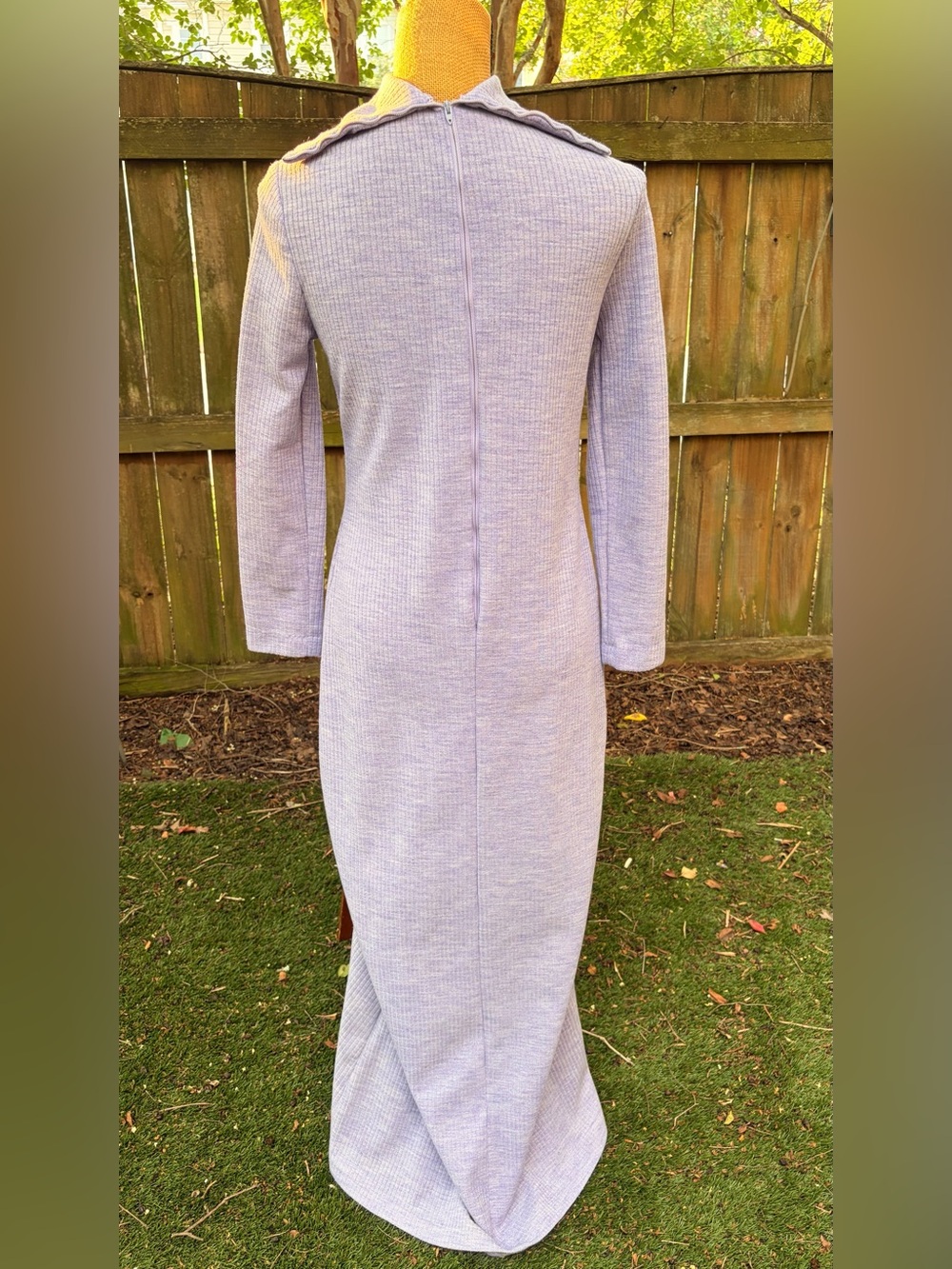 Vintage 60s 70s Lavender Ribbed Knit Maxi Dress Turtleneck Mod Column Gown - Picture 4 of 11